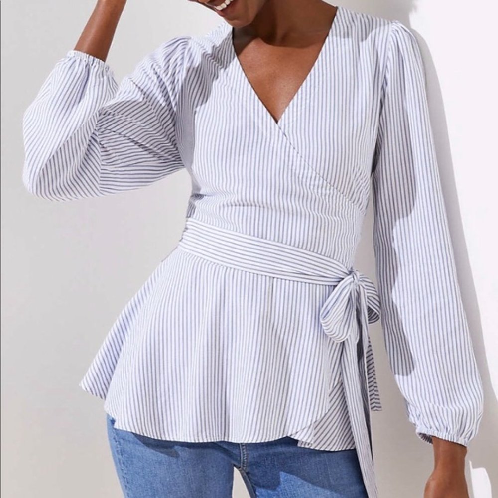 LOFT BLUE STRIPED WRAP TOP